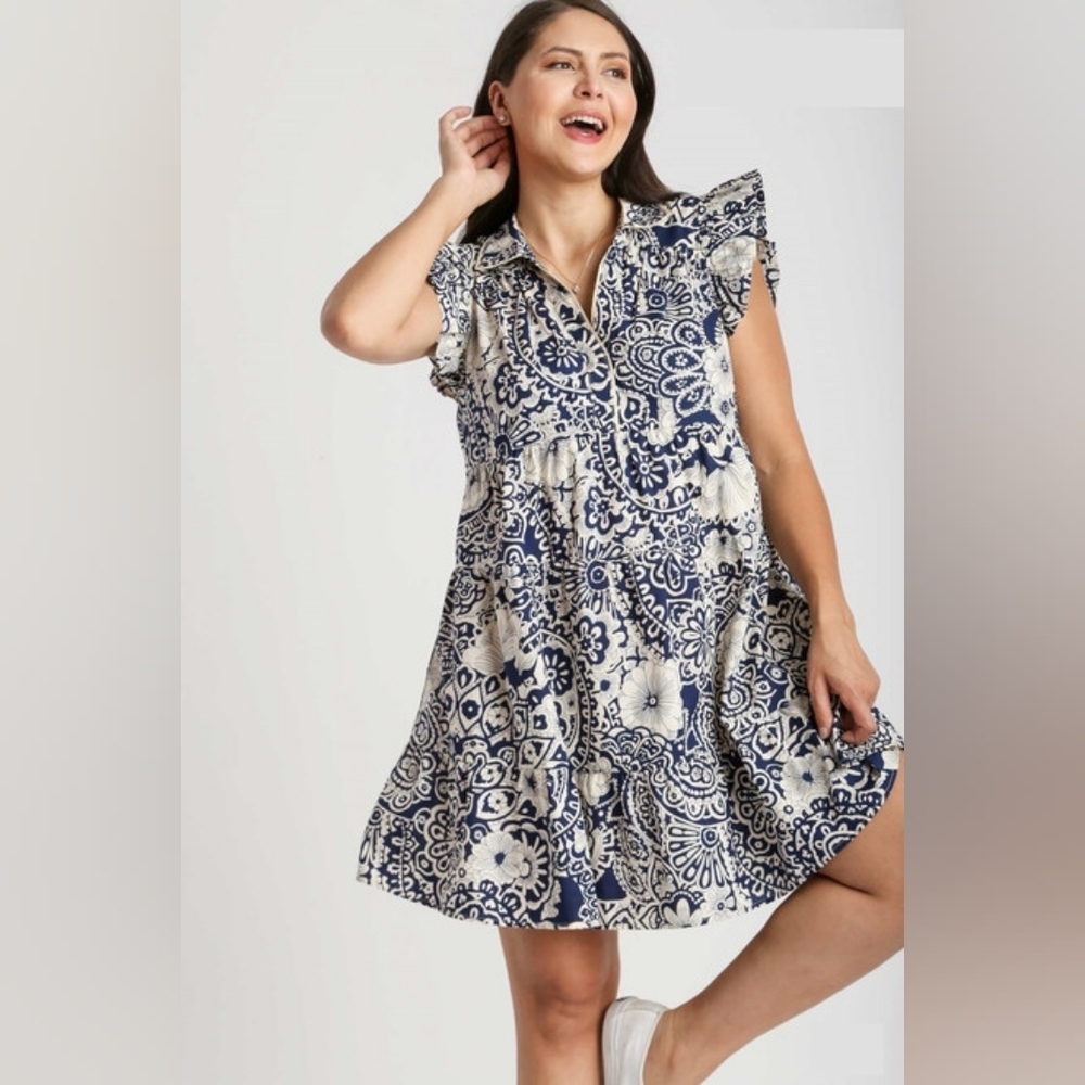 Umgee Abstract Print V-Neck Babydoll Dress Size M